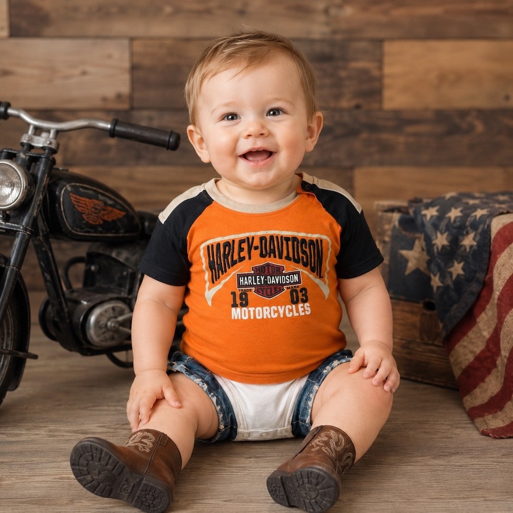 Harley Davidson Baby Boys 12M Orange Bodysuit 3D Graphic Biker Moto